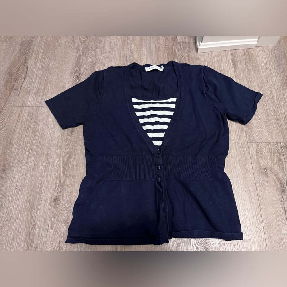 Vintage Navy Blue Cardigan with Striped Inner Layer